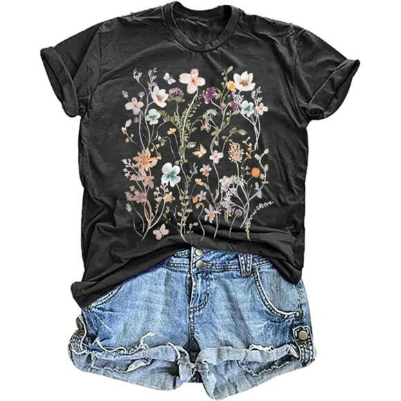 Vintage Floral Graphic Tee Wildflower Shirt Casual Short Sleeve Boho Top - Picture 1 of 2